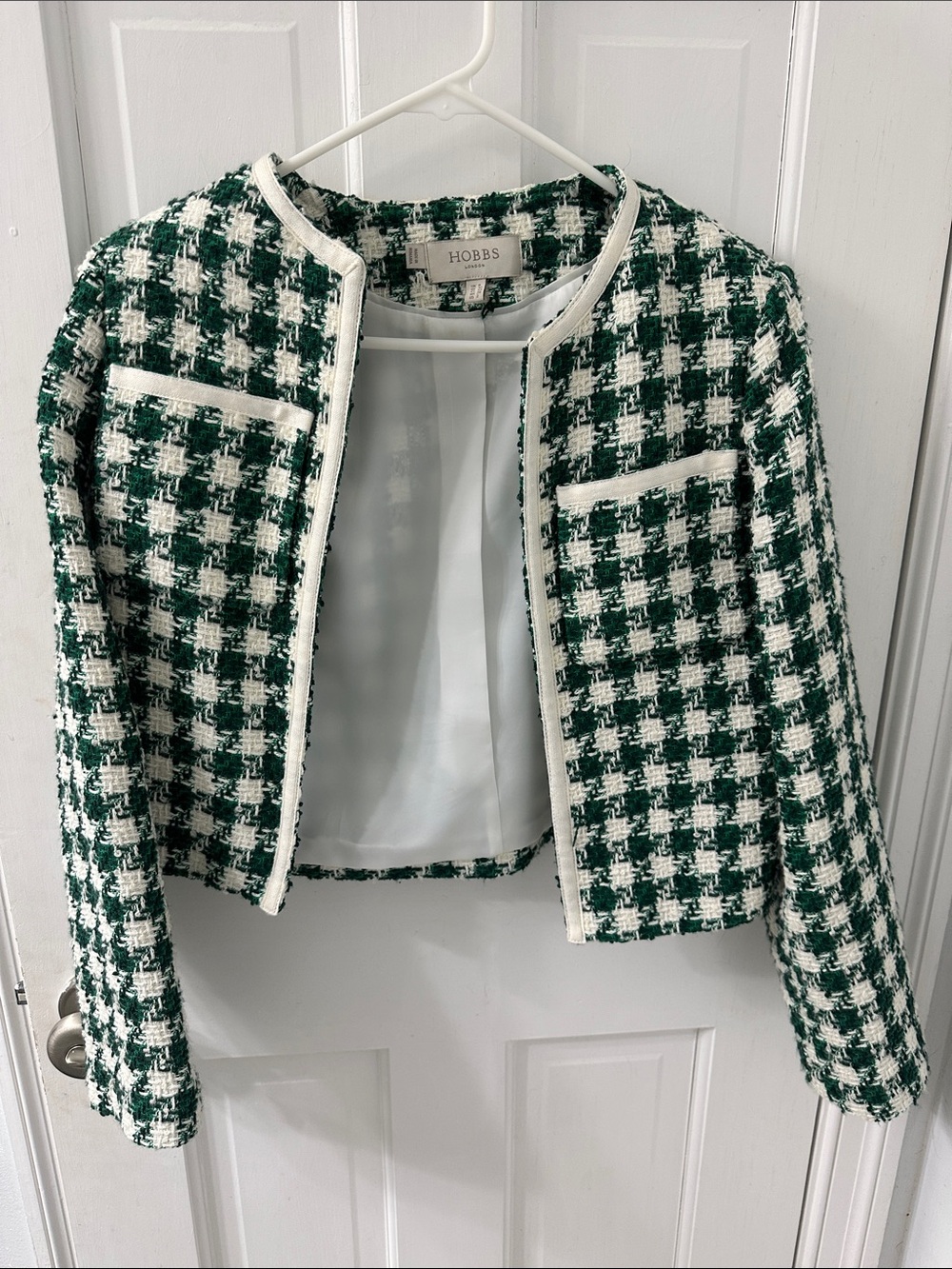 Hobbs Green & White Houndstooth Tweed Cropped Blazer